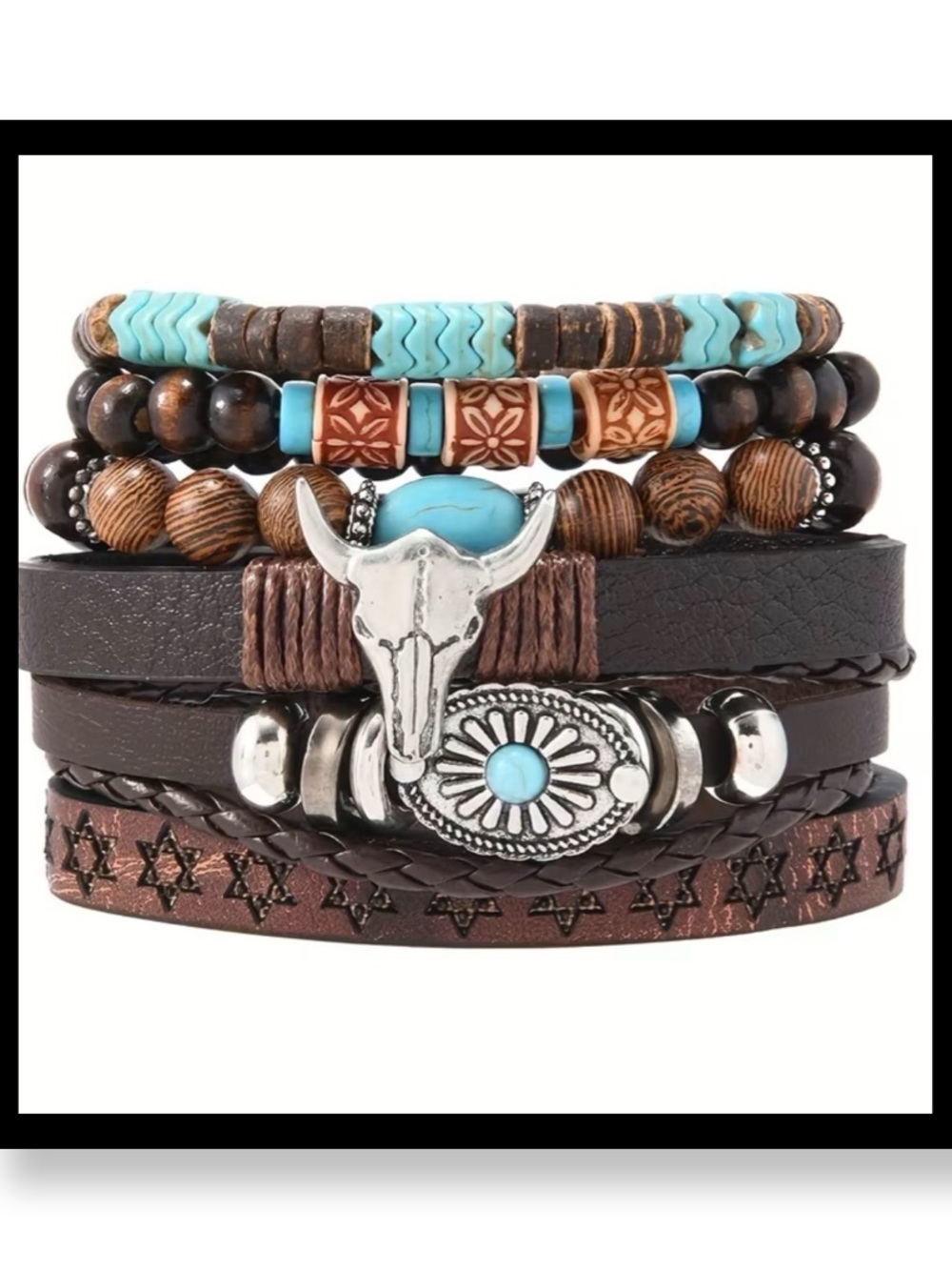 (New in package)Turquoise & Brown Western Leather Stack Bracelet Set